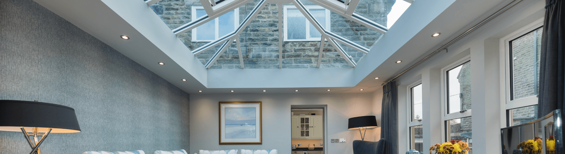 Interior of modern conservatory with sky lights